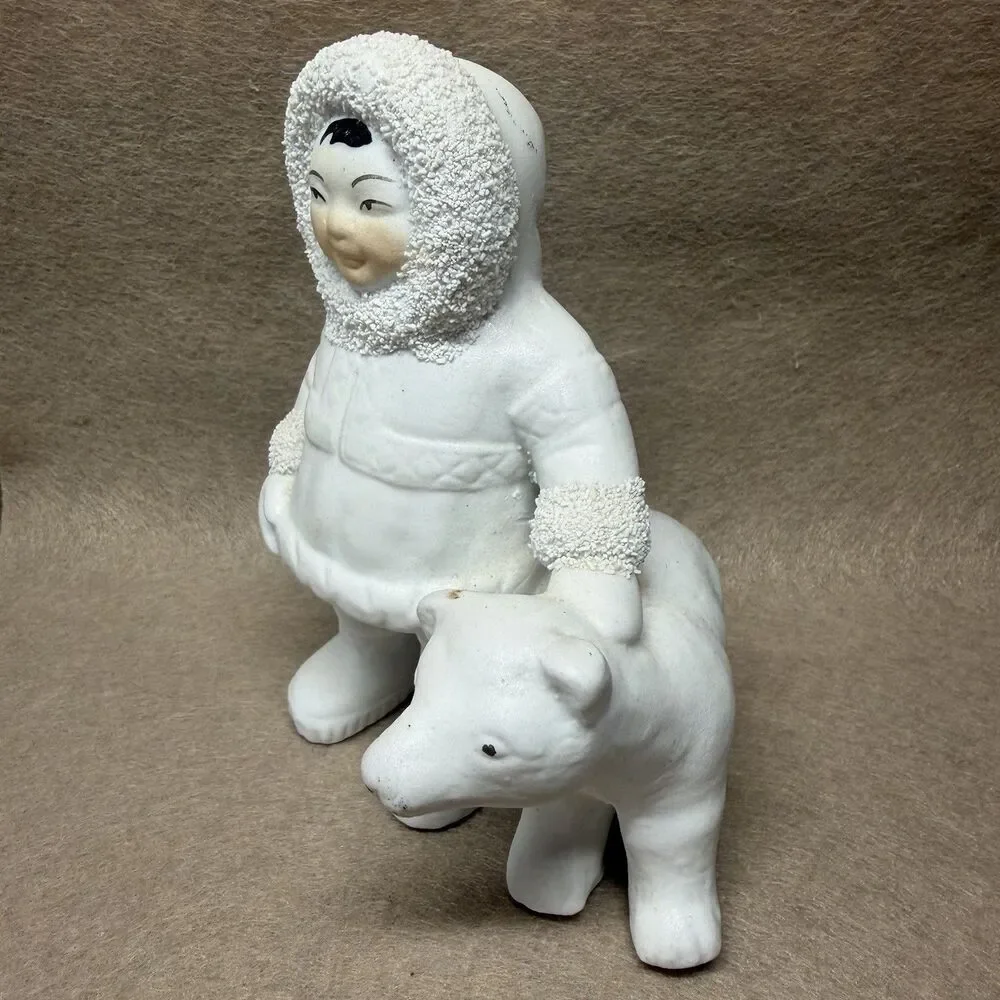 Retro Ceramic Inuit Child with Polar Bear Figurine Statue 5.5